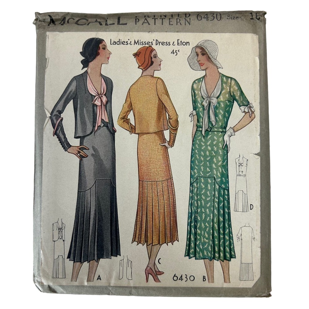 McCall Sewing Pattern 6430 Women Size 16 Vintage 1930s Dress Eton HTF Rare‎